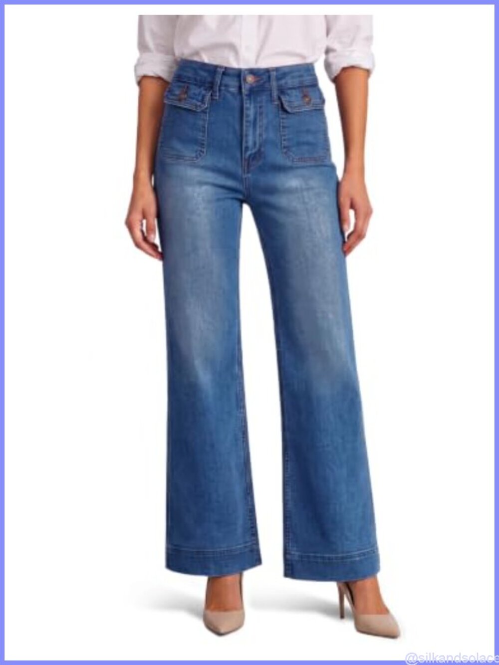 High Waisted Straight Leg Denim Jeans Patch Pockets